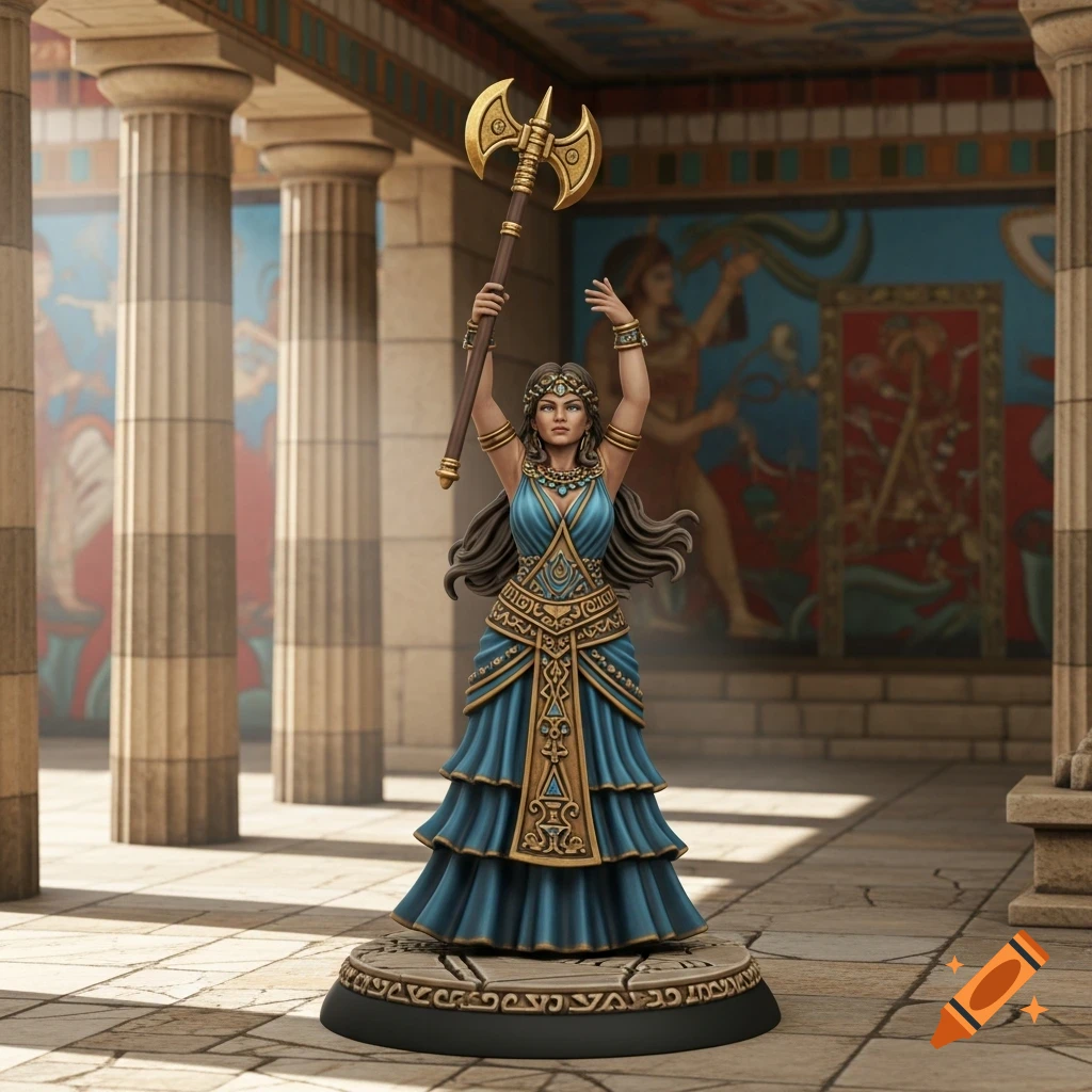 A painted miniature of a Minoan priestess in a blue and gold tiered dress, holding a golden double-axe in a temple.