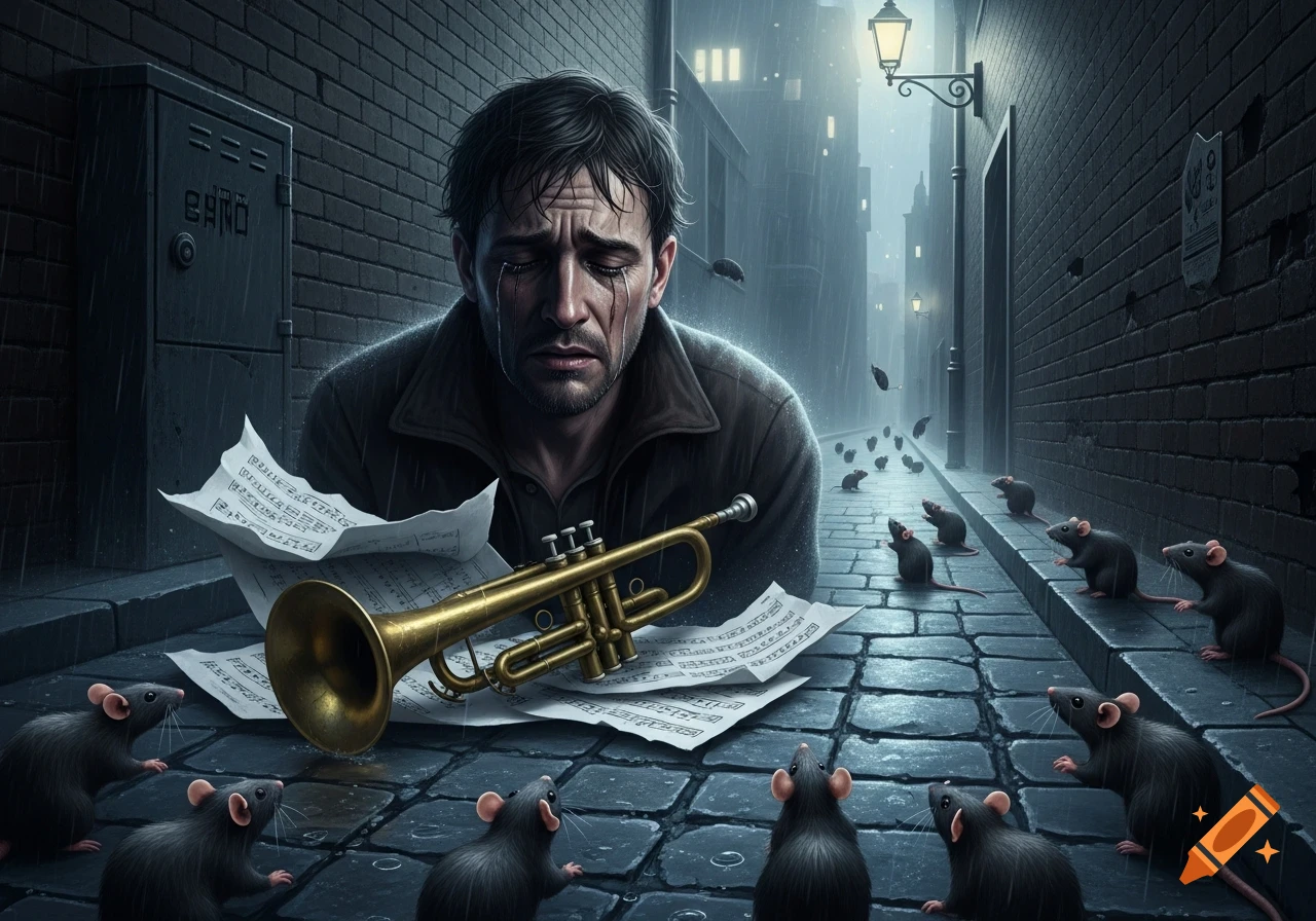 A crying man, a failed musician, sits in a dark, rainy alley with his trumpet and scattered sheet music, surrounded by rats.