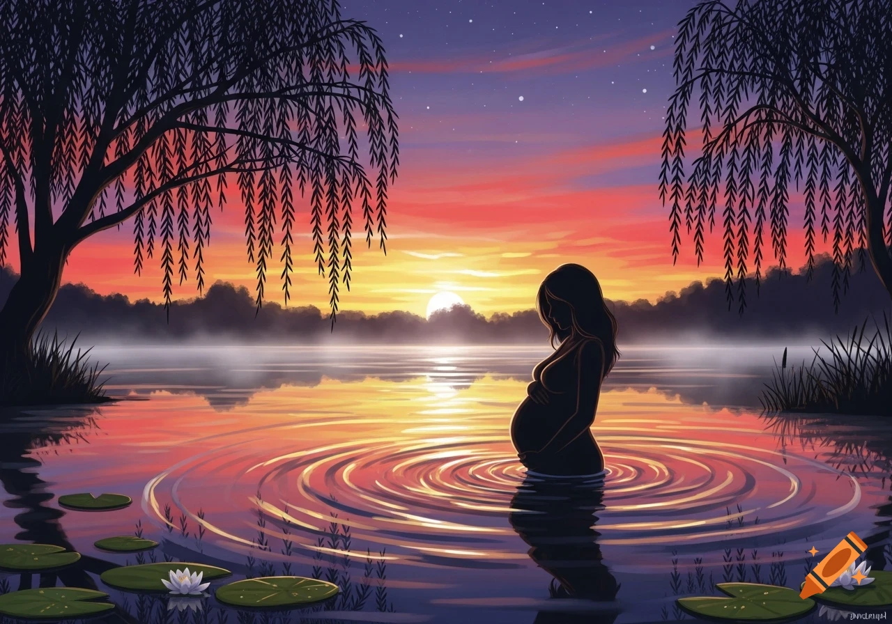 Stylized illustration of a pregnant woman in silhouette standing in a lake at sunset, surrounded by willow trees and water lilies.