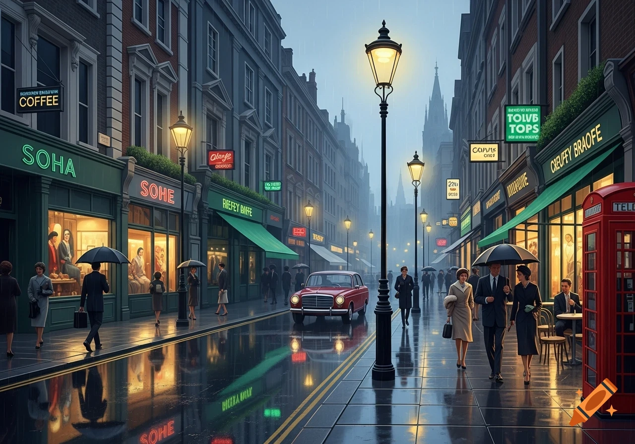 A rainy evening on a street in Soho, 1962. People walk with umbrellas on wet sidewalks, reflections shimmer on the street, and illuminated shop signs glow along the street. A vintage red car drives down the road, and a red telephone booth stands on the right.
