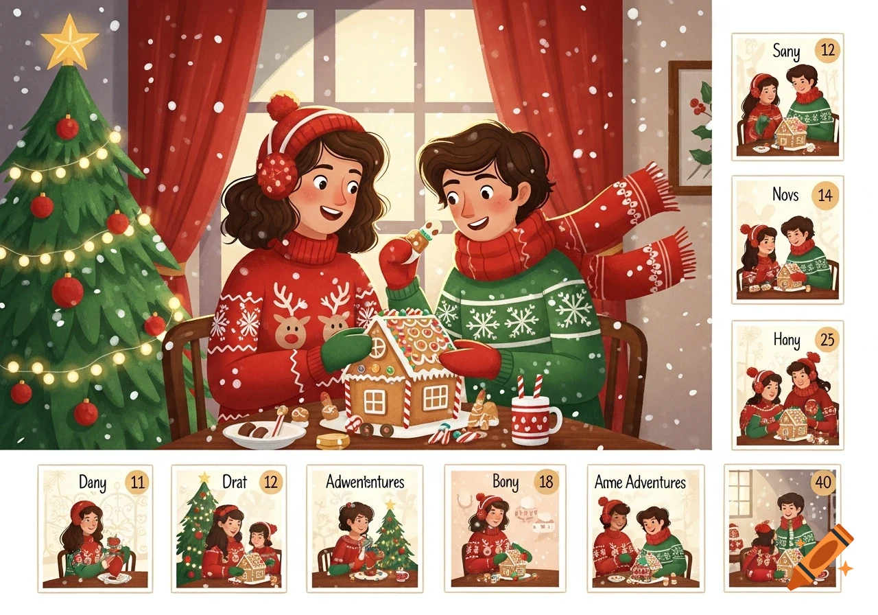 Illustrated couple in Christmas sweaters decorating a gingerbread house with snow falling outside, in a cozy, festive scene with advent calendar cards.