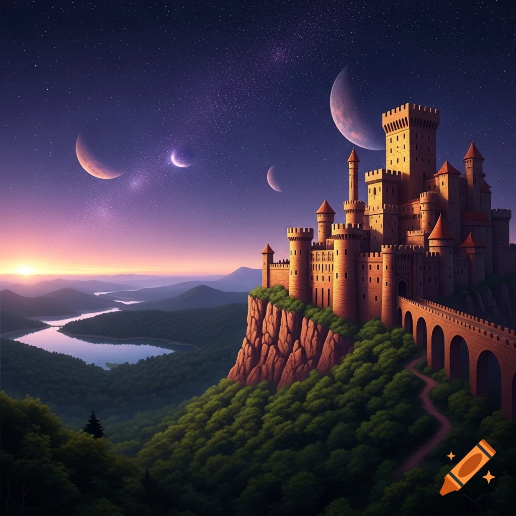 A majestic fantasy castle on a cliff overlooking a forested valley with a lake, under a starry purple sky with multiple moons.
