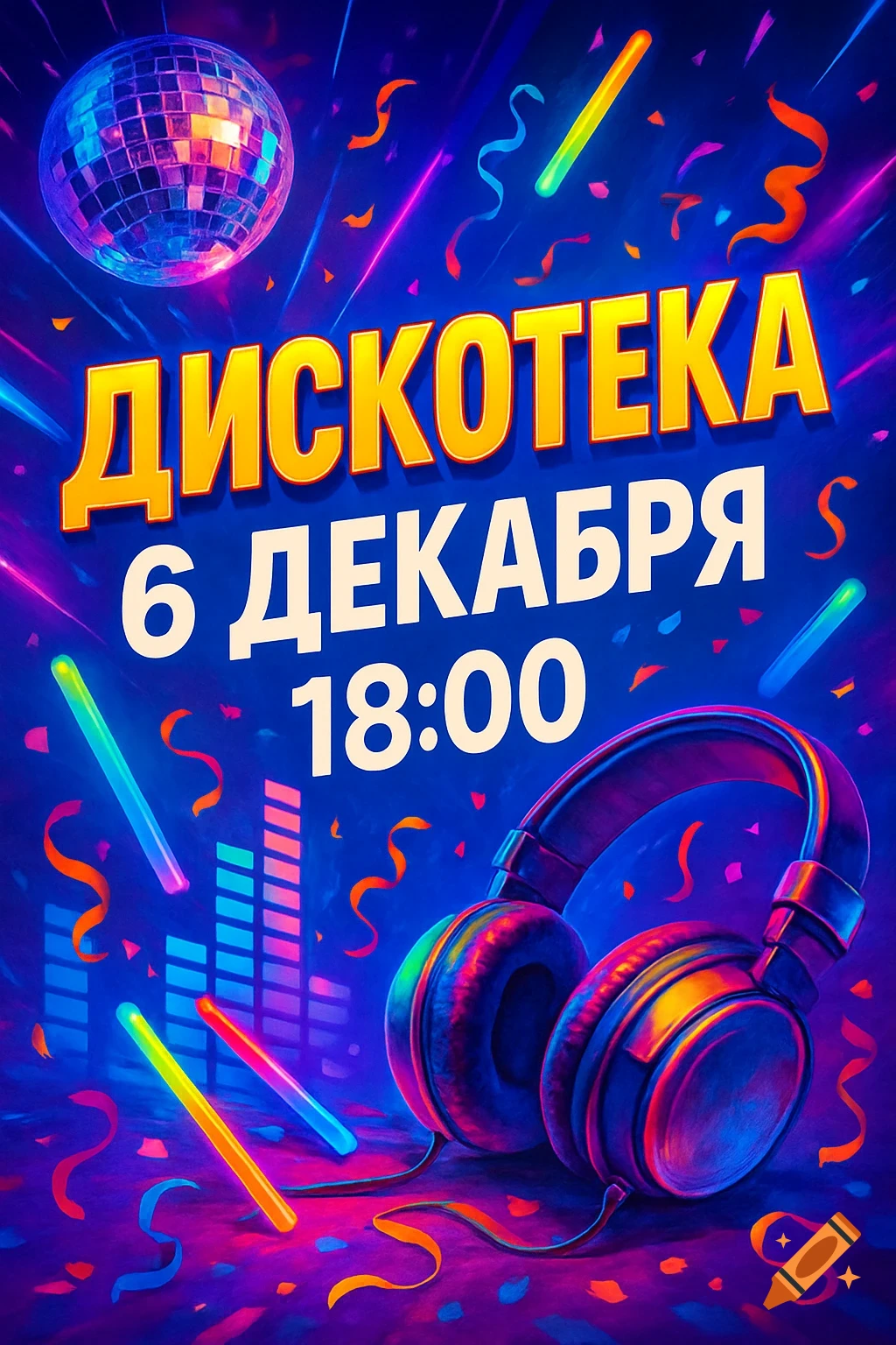 Vibrant blue and purple disco poster with a shiny disco ball, headphones, glow sticks, confetti, and Russian text.