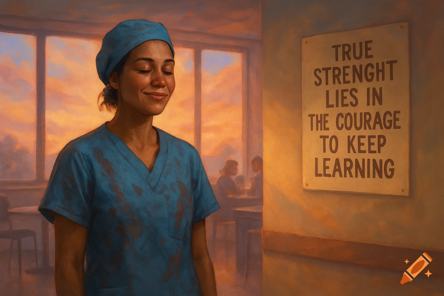 A smiling nurse in blue scrubs stands in a hospital hallway with a motivational sign, painted in a warm, impressionistic style.