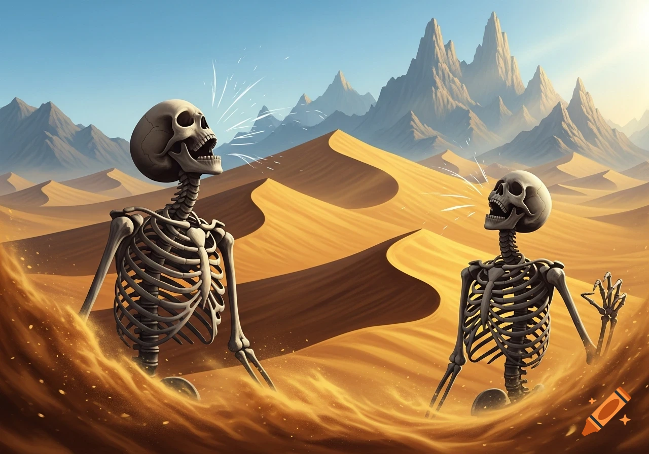 Two skeletons partially buried in yellow desert sand, shouting with mountains in the background under a blue sky.