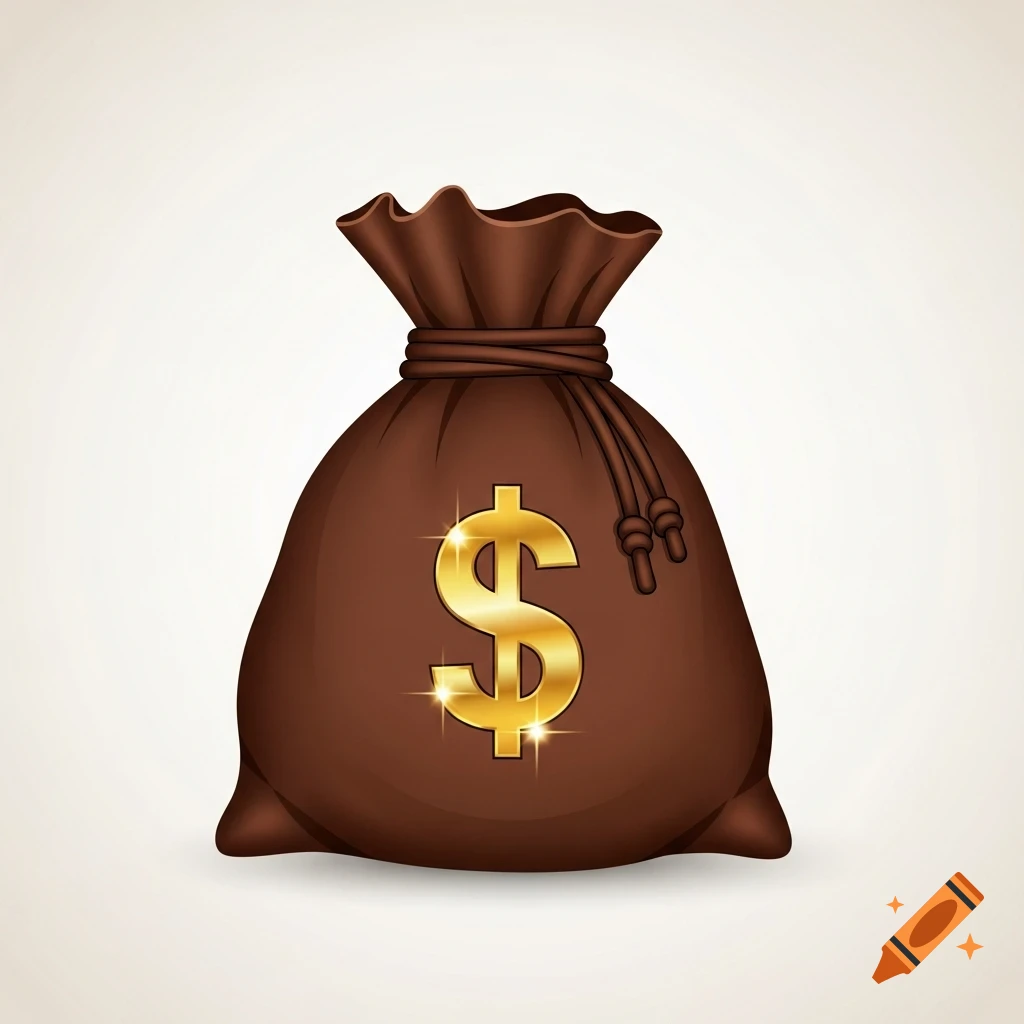 A brown money bag with a shining golden dollar sign on a light background, in a simple cartoon style.