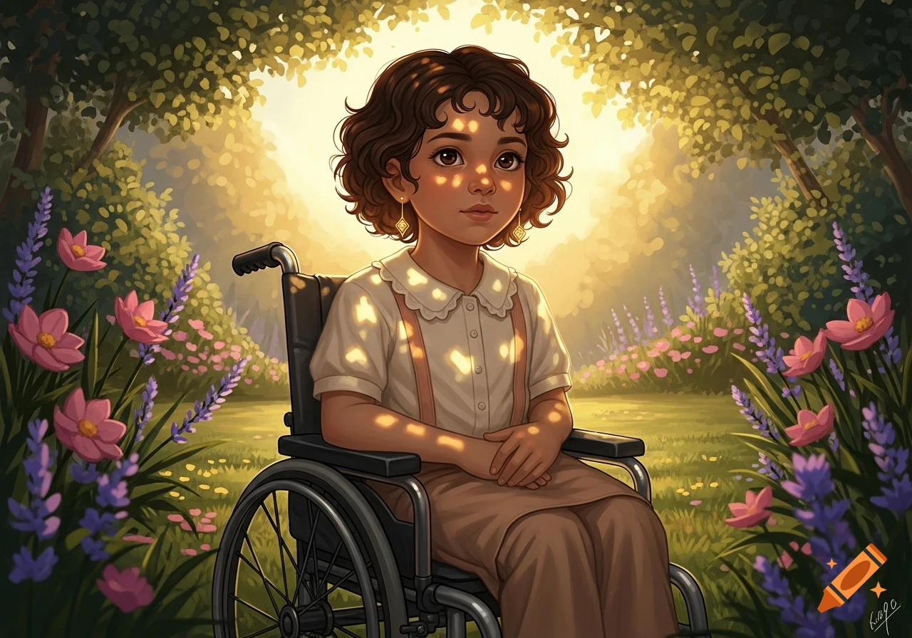 A cartoon illustration of a girl with curly hair in a wheelchair, in a sunny garden with dappled light and flowers.