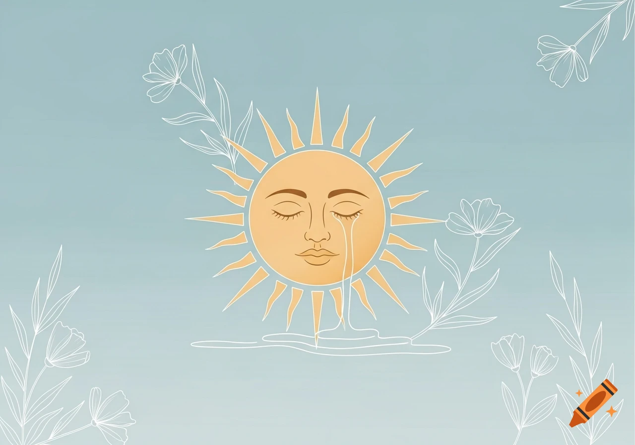A minimalist illustration of a crying sun with line art flowers on a light blue background.