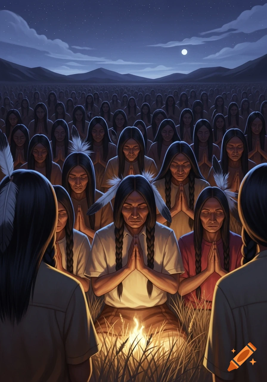 Numerous indigenous people with dark hair and closed eyes pray in a field at night around a small fire under a starry sky and full moon, in a digital illustration style.