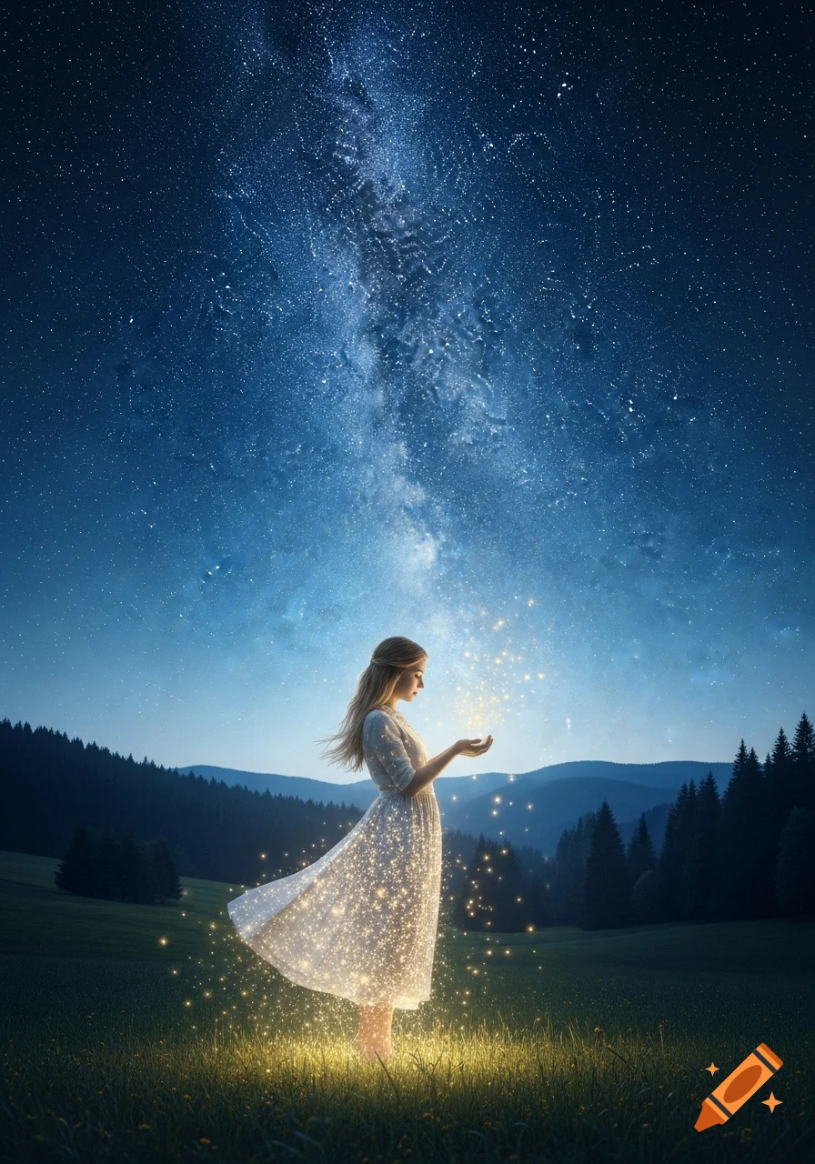 Young woman in a white dress standing in a glowing field, holding ...