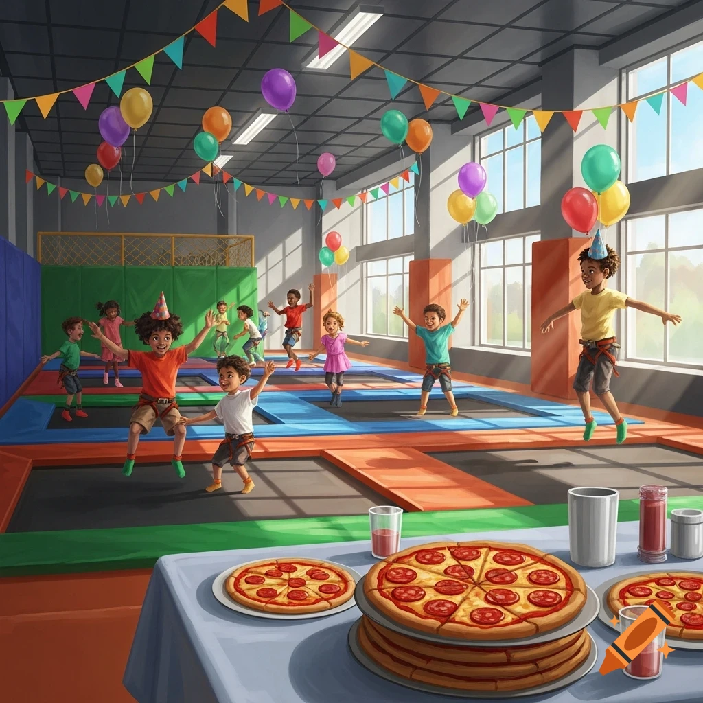 Illustration of children jumping at a birthday party in a trampoline park with balloons, banners, and pizzas on a table.