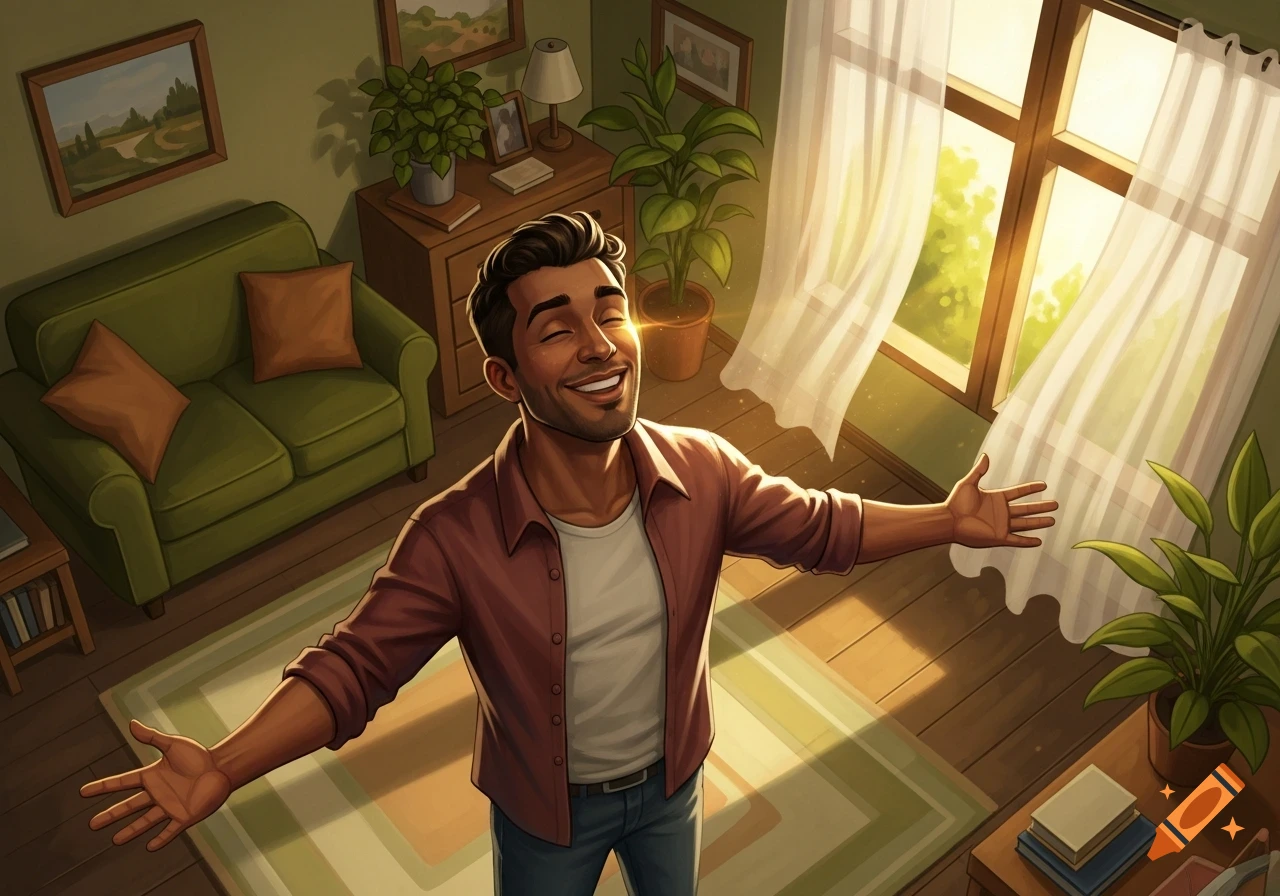 A happy man with closed eyes and open arms basks in sunlight by a window in a cozy living room.