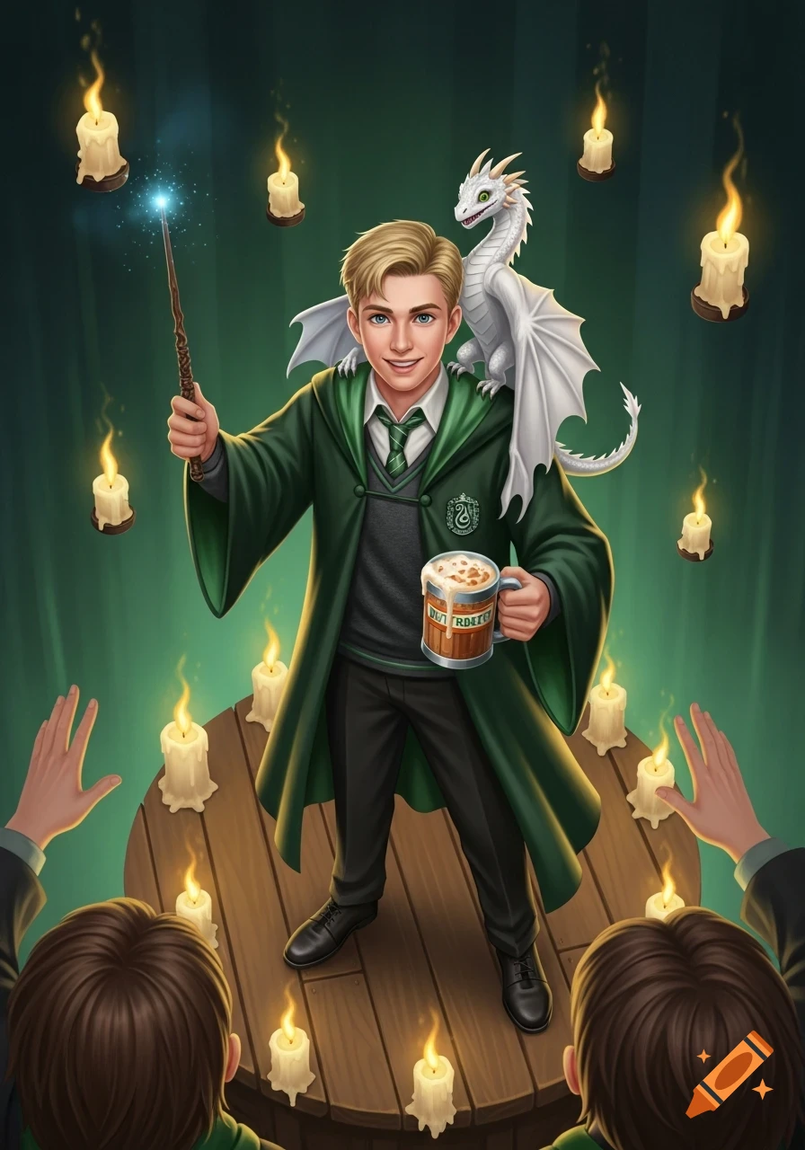 Blond wizard student in Slytherin robes holds a glowing wand and butterbeer mug, with a white dragon on his shoulder. He stands on a wooden platform surrounded by lit candles, in a vibrant, illustrative style.