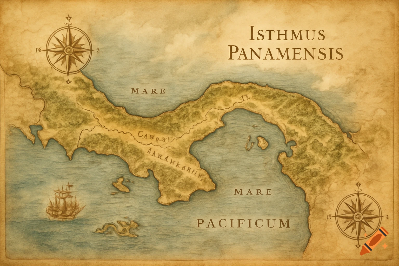 An antique-style map showing the Isthmus of Panama, surrounded by blue water with a ship and sea monster, and two compass roses.