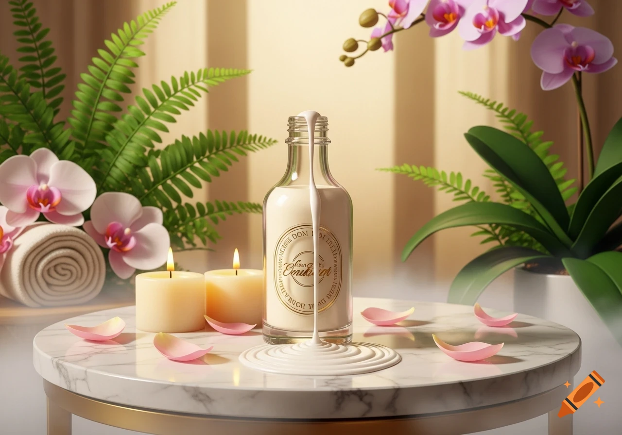 A photorealistic still life of a glass lotion bottle dripping onto a marble table, flanked by lit candles, pink orchid petals, and lush green ferns.