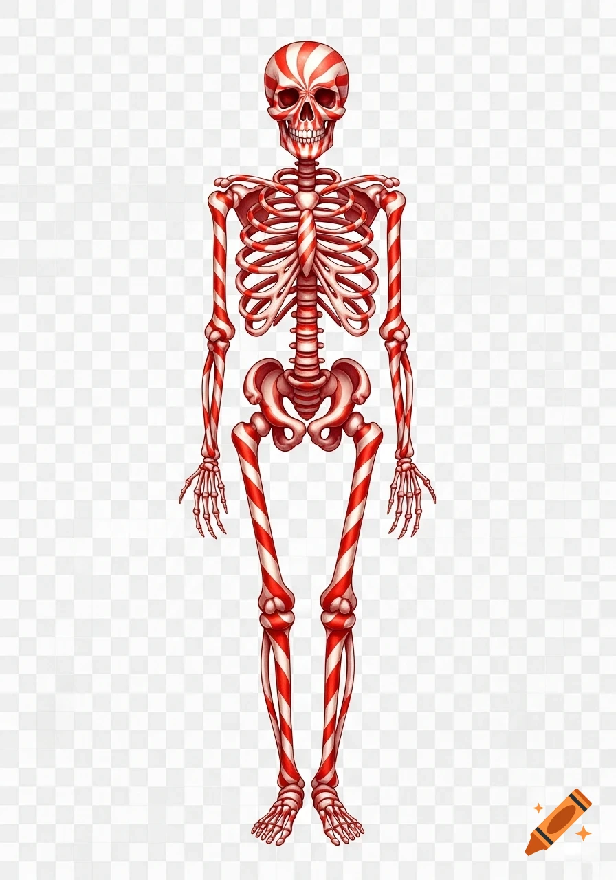 A full-body illustration of a skeleton, with all bones made from red and white striped candy canes, against a transparent background.