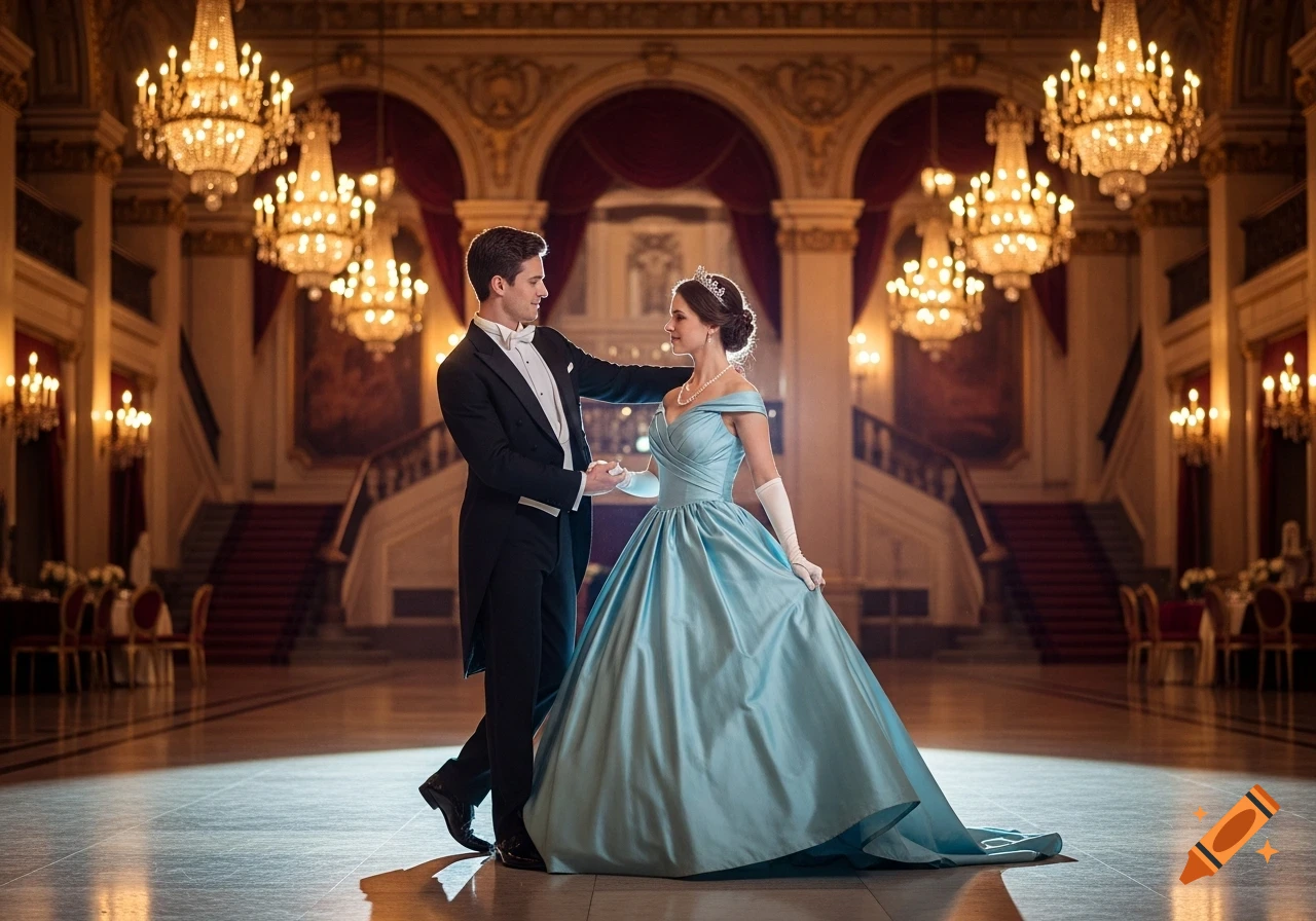 A photorealistic image of a man and woman dancing in a grand ballroom. The man wears a black suit, and the woman a sky blue ball gown with a tiara.