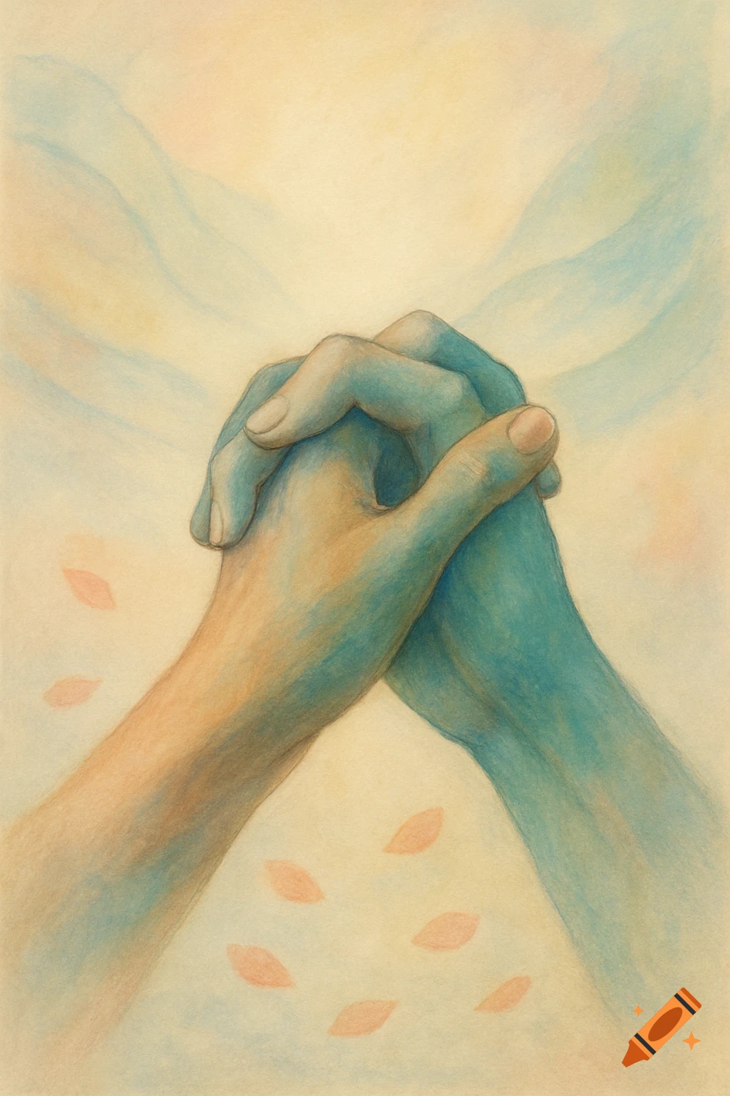 Stylized colored pencil illustration of two hands, one warm orange and one cool blue, clasped together against a pastel background.