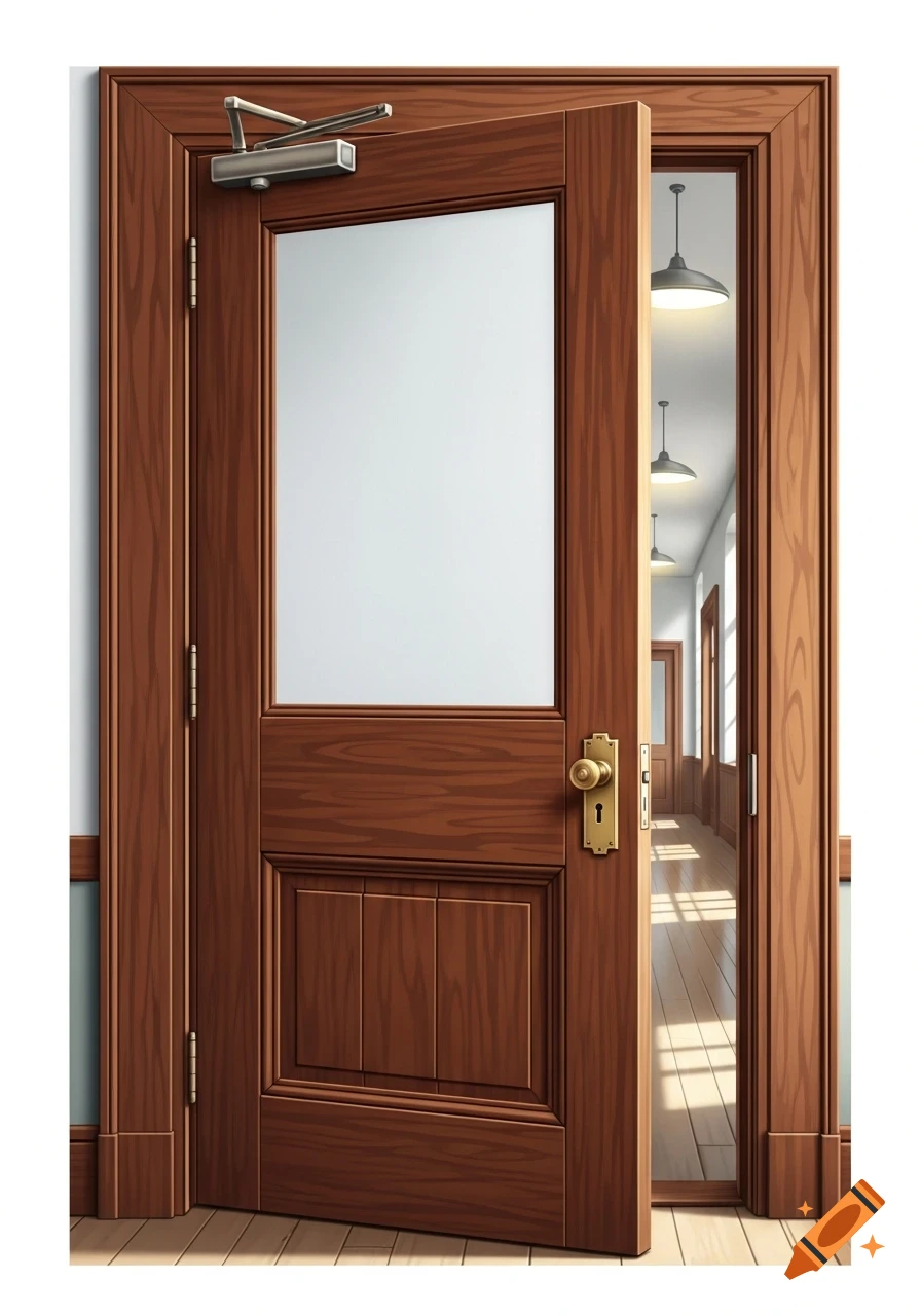 An illustrative partially open wooden classroom door with a white glass panel, revealing a sunlit hallway with hanging lights.