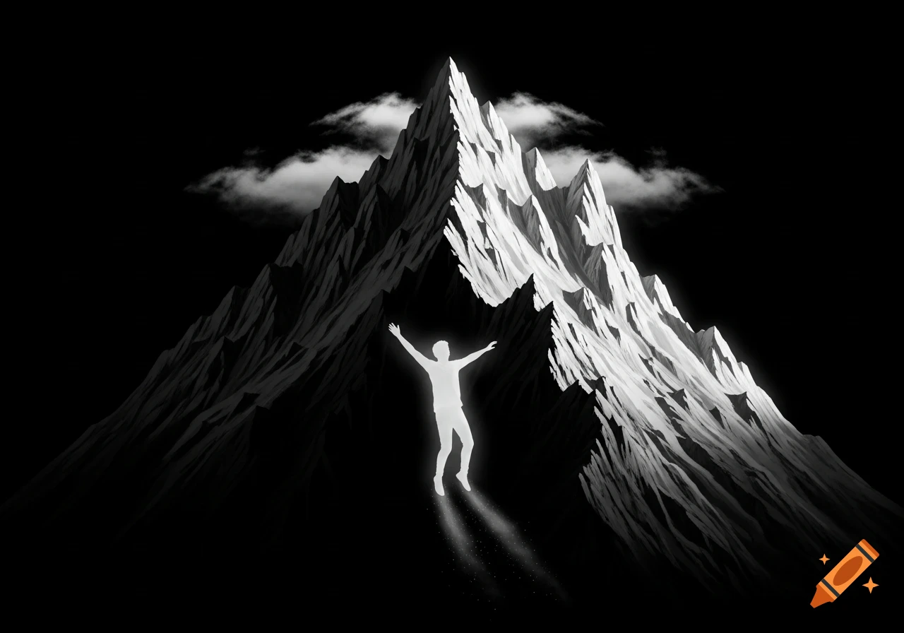 A glowing white figure with arms outstretched rises or falls from a dark, jagged mountain with white peaks and clouds, in a monochromatic, minimalist style.