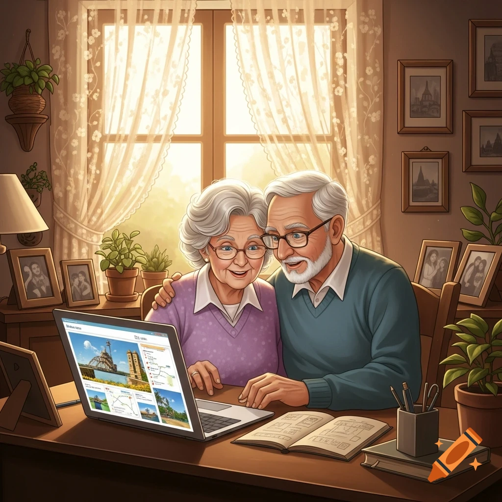 An elderly couple with white hair and glasses smiles while looking at vacation destinations on a laptop in a sunlit room, a book and plants on the desk.
