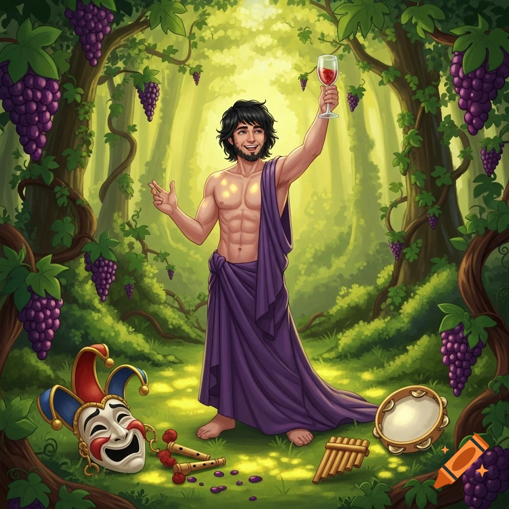 A smiling, shirtless man in a purple toga holds a wine glass aloft in a lush, grape-filled forest, with a jester mask and musical instruments on the ground. Stylized illustration.