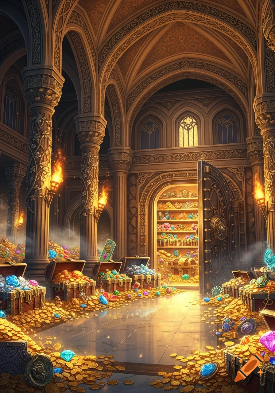 A grand fantasy bank vault filled with overflowing chests of gold coins, jewels, and precious items, illuminated by glowing torches.