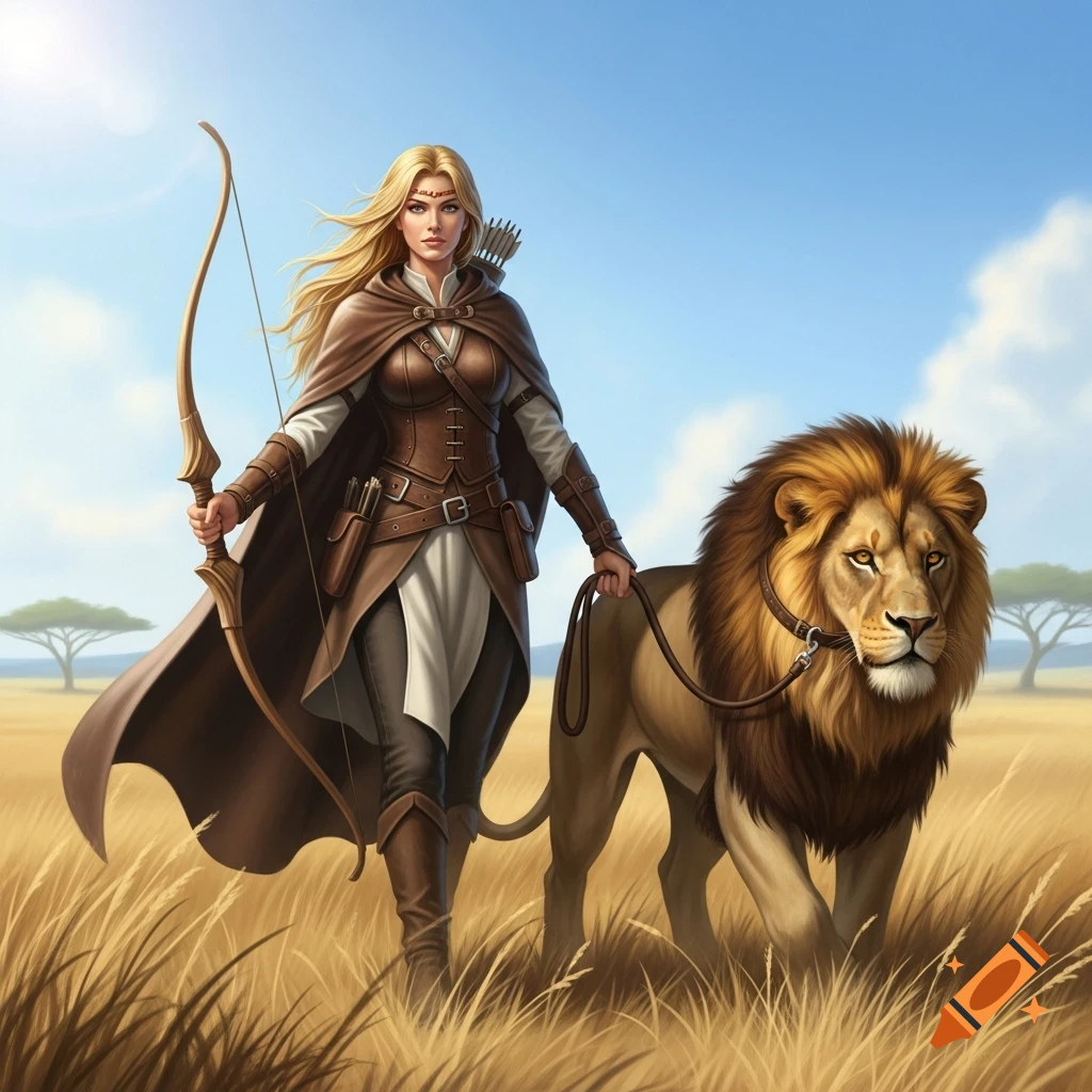A blonde huntress in brown attire holds a bow and leads a lion on a leash through a grassy savanna under a blue sky.