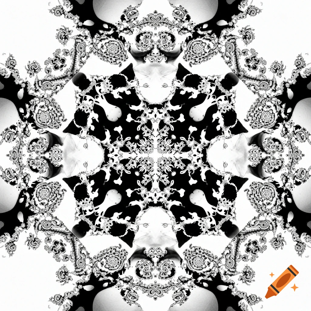 A symmetrical black and white abstract fractal pattern resembling a Rorschach inkblot, with intricate, flowing details.