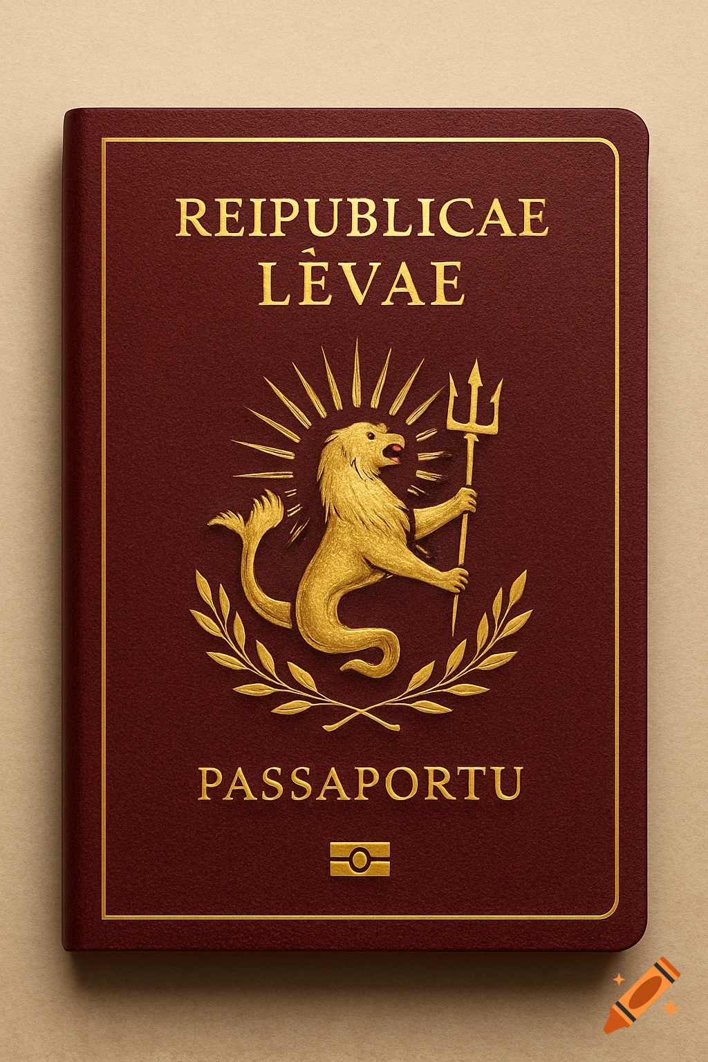 A reddish-maroon passport with a gold embossed sea-lion holding a trident, surrounded by a sunburst and olive branches. Text reads "REIPUBLICAE L\u00c8VAE PASSAPORTU".