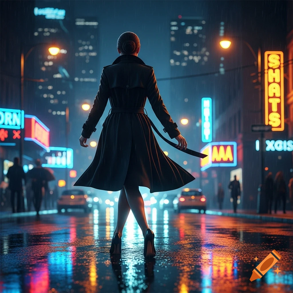 Woman in a dark trench coat and high heels walking away on a wet city ...