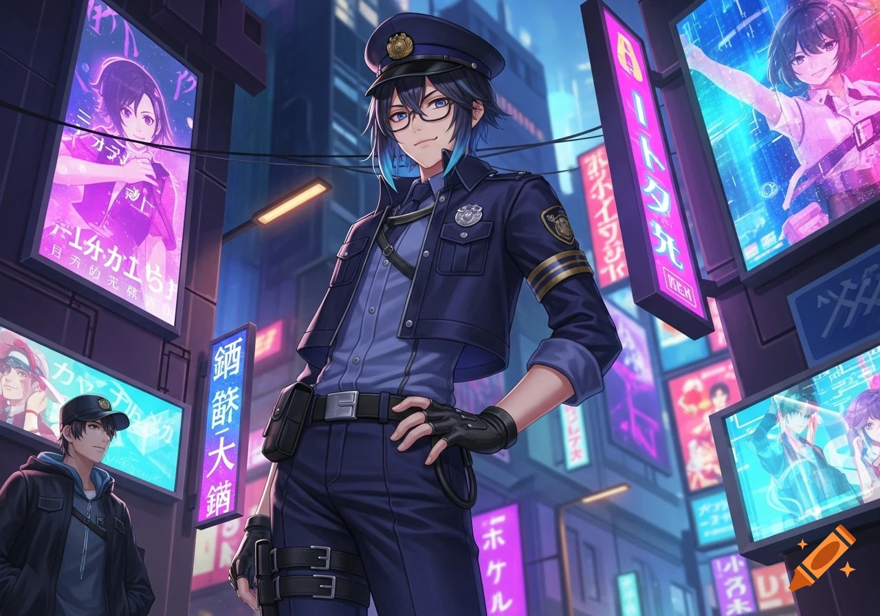 An anime-style male police officer in a blue uniform and glasses stands in a neon-lit urban cityscape with billboards.