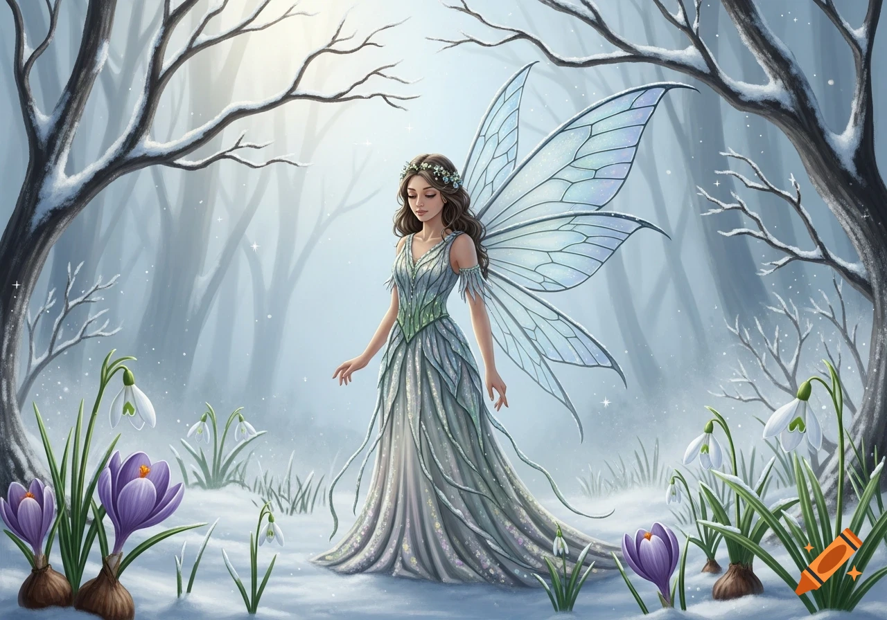 A beautiful fairy with large, translucent wings and a flowing green and white dress stands in a snowy forest among purple crocuses and white snowdrops.