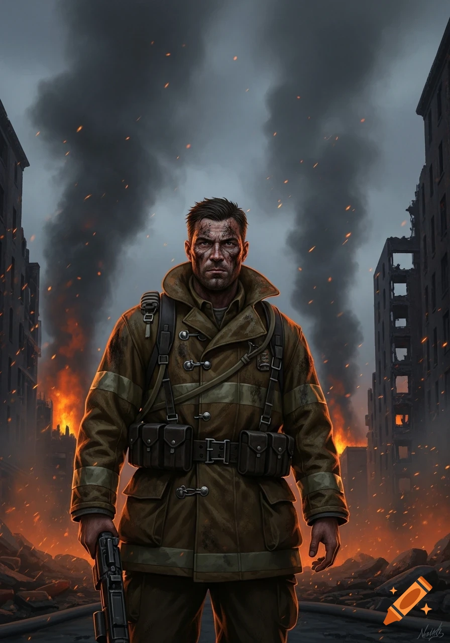 A determined, grimy firefighter in a brown coat stands in a destroyed city with fires burning and smoke rising in the background.