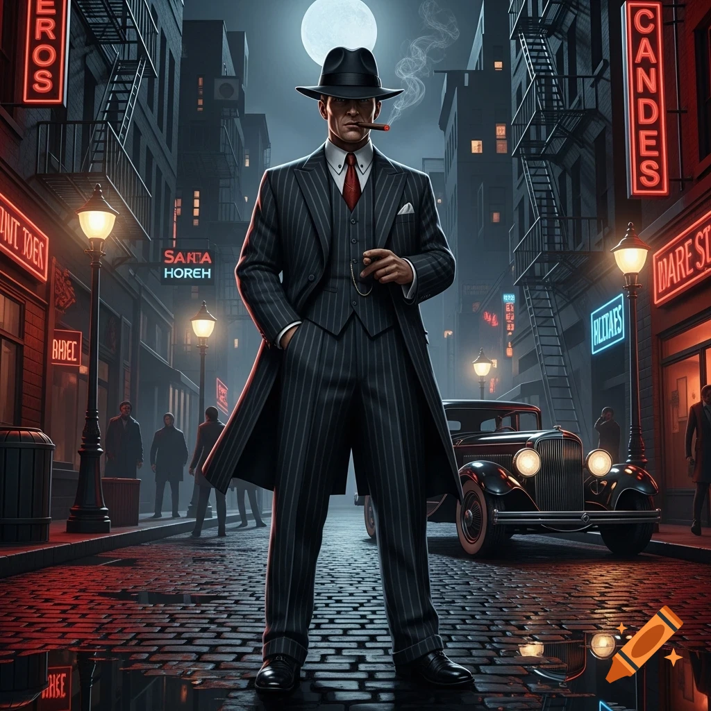A man in a fedora and pinstripe suit smokes a cigar on a wet, cobblestone street at night, flanked by neon signs and a vintage car.