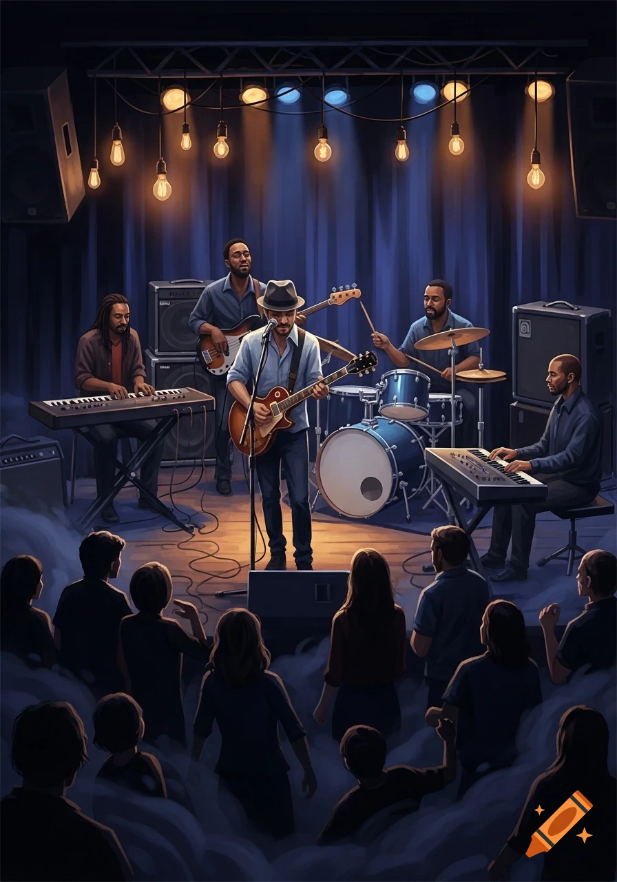 A blues band performs on a dimly lit stage with warm string lights above, playing guitars, drums, bass, and keyboards for an audience.