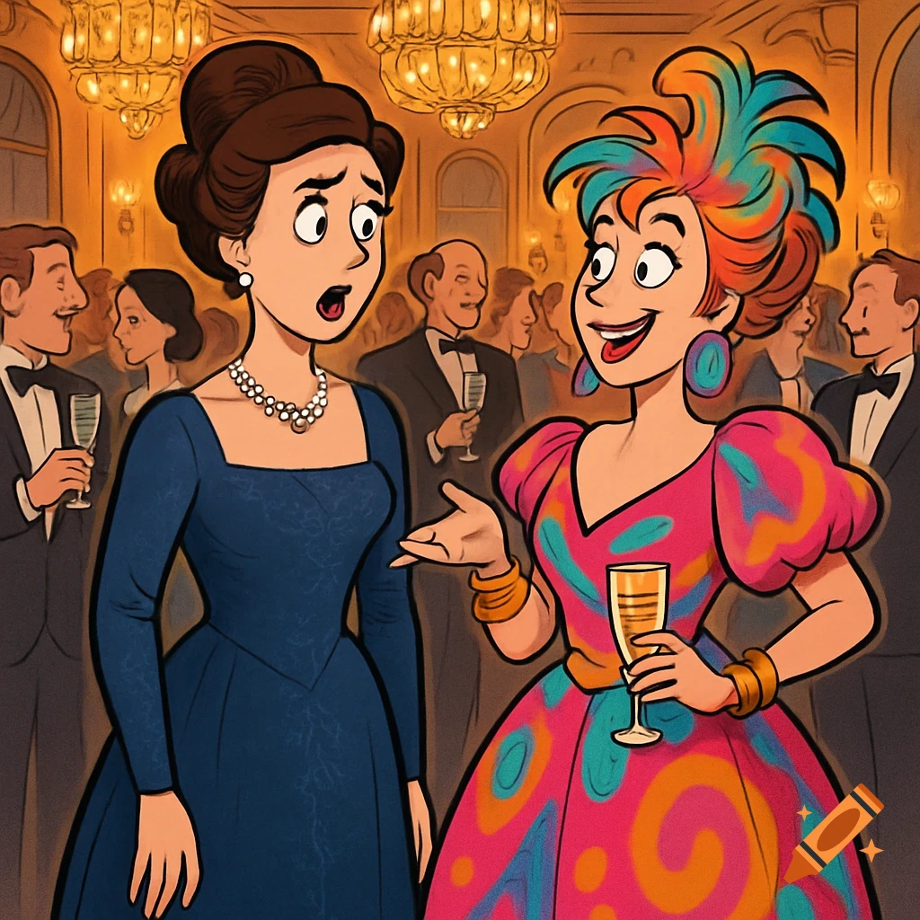 Cartoon of an elegant woman looking surprised at a woman with colorful hair and dress holding a drink at a fancy party.
