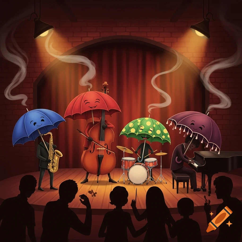 Anthropomorphic umbrellas perform jazz on stage: a blue saxophone player, a red upright bass, a green drummer, and a purple pianist, watched by a silhouetted audience.