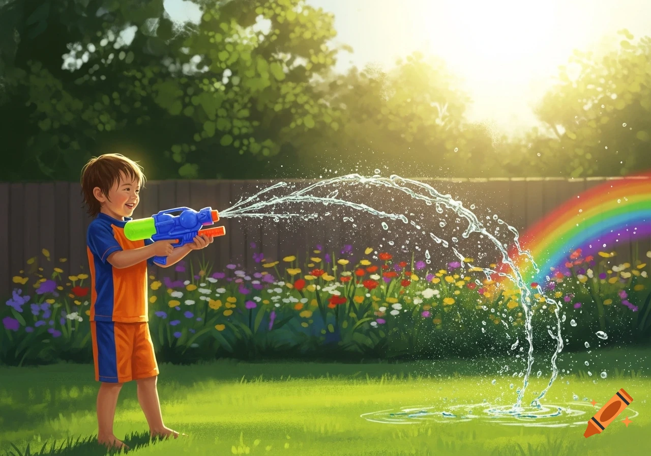 A happy child in a sunny garden plays with a water gun, spraying water that forms a rainbow.