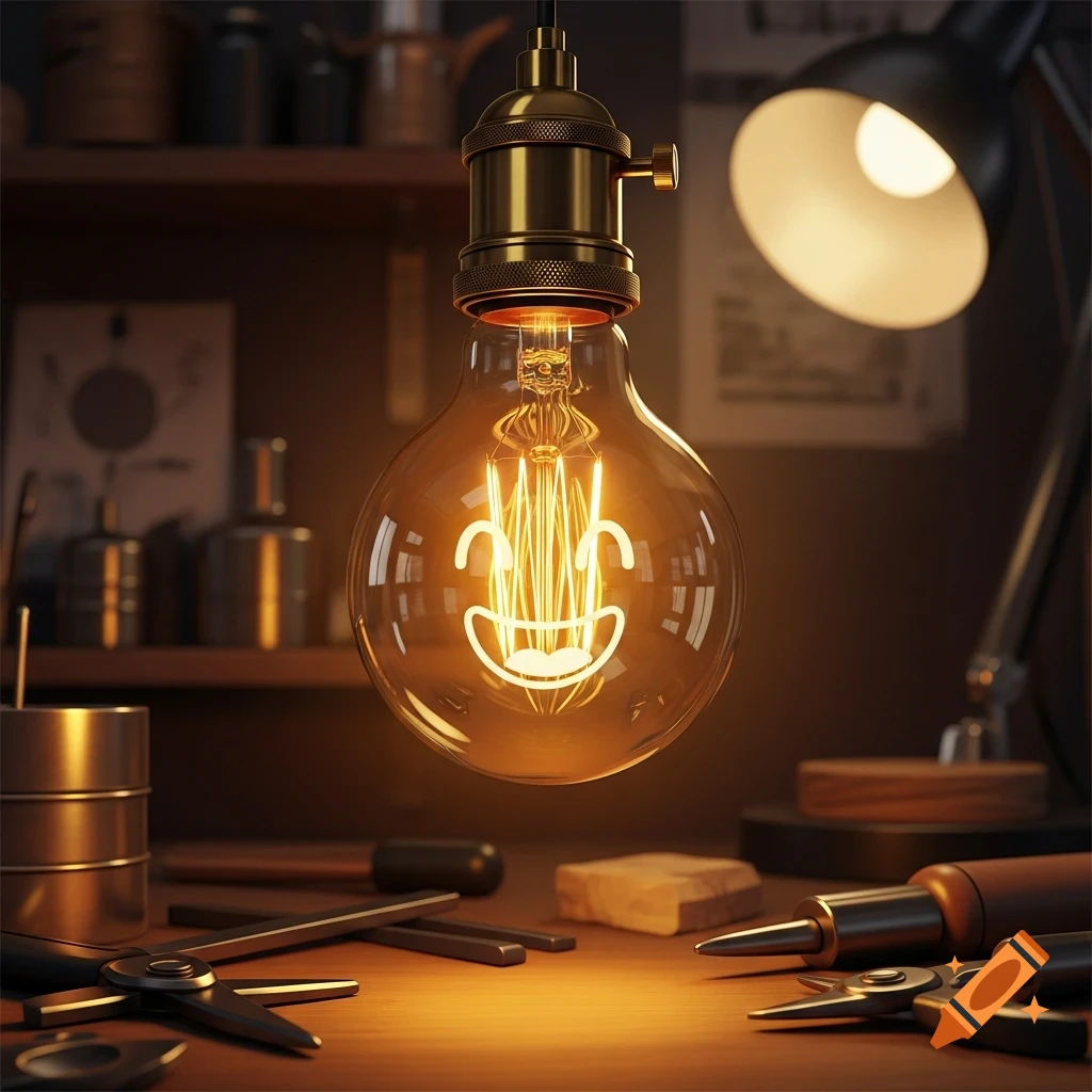 A glowing Edison bulb with a smiley face filament hangs over a wooden workbench, surrounded by various tools and a lit desk lamp.