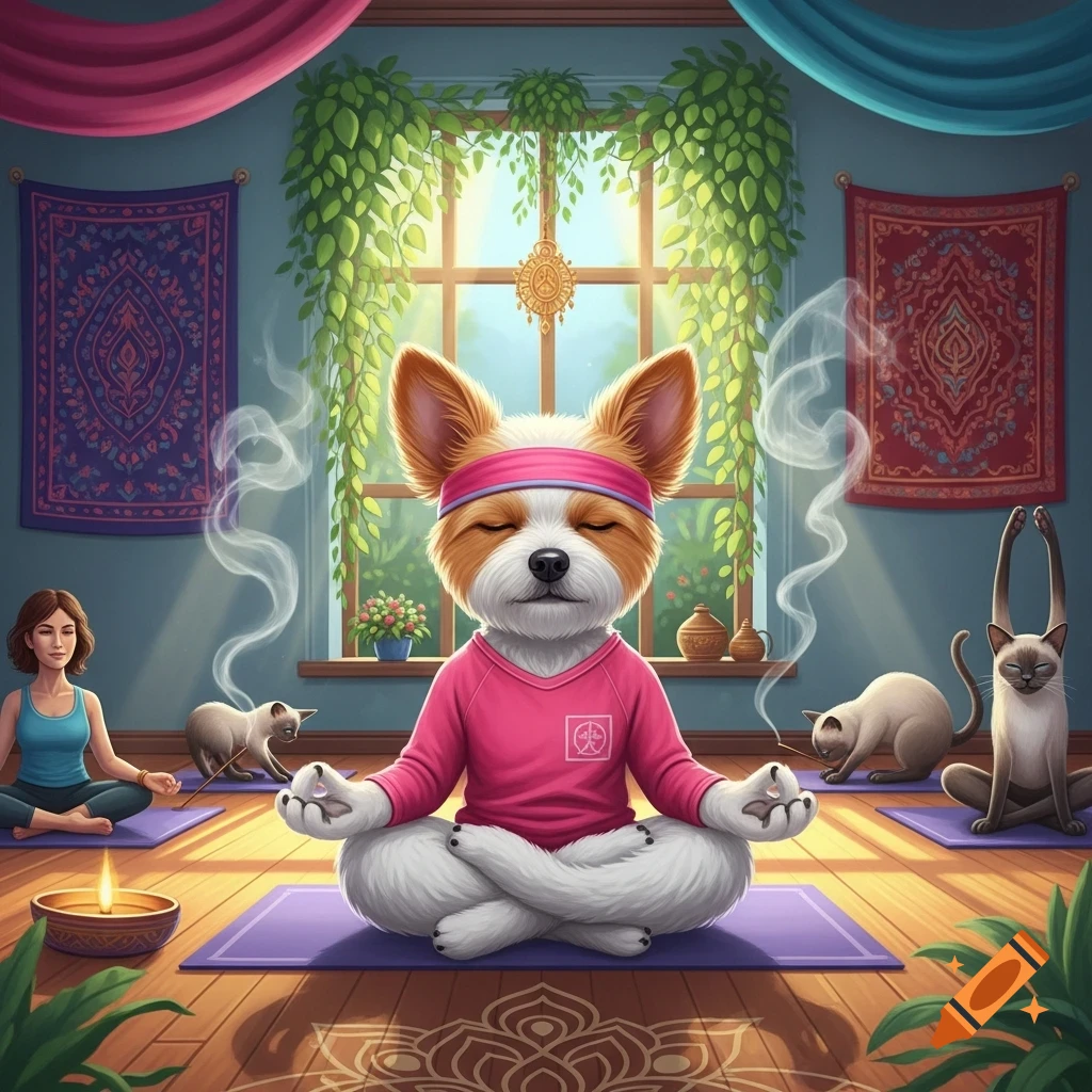 A cute cartoon dog in a pink shirt and headband meditates in a sunlit Indian-style room with two cats and a woman practicing yoga.