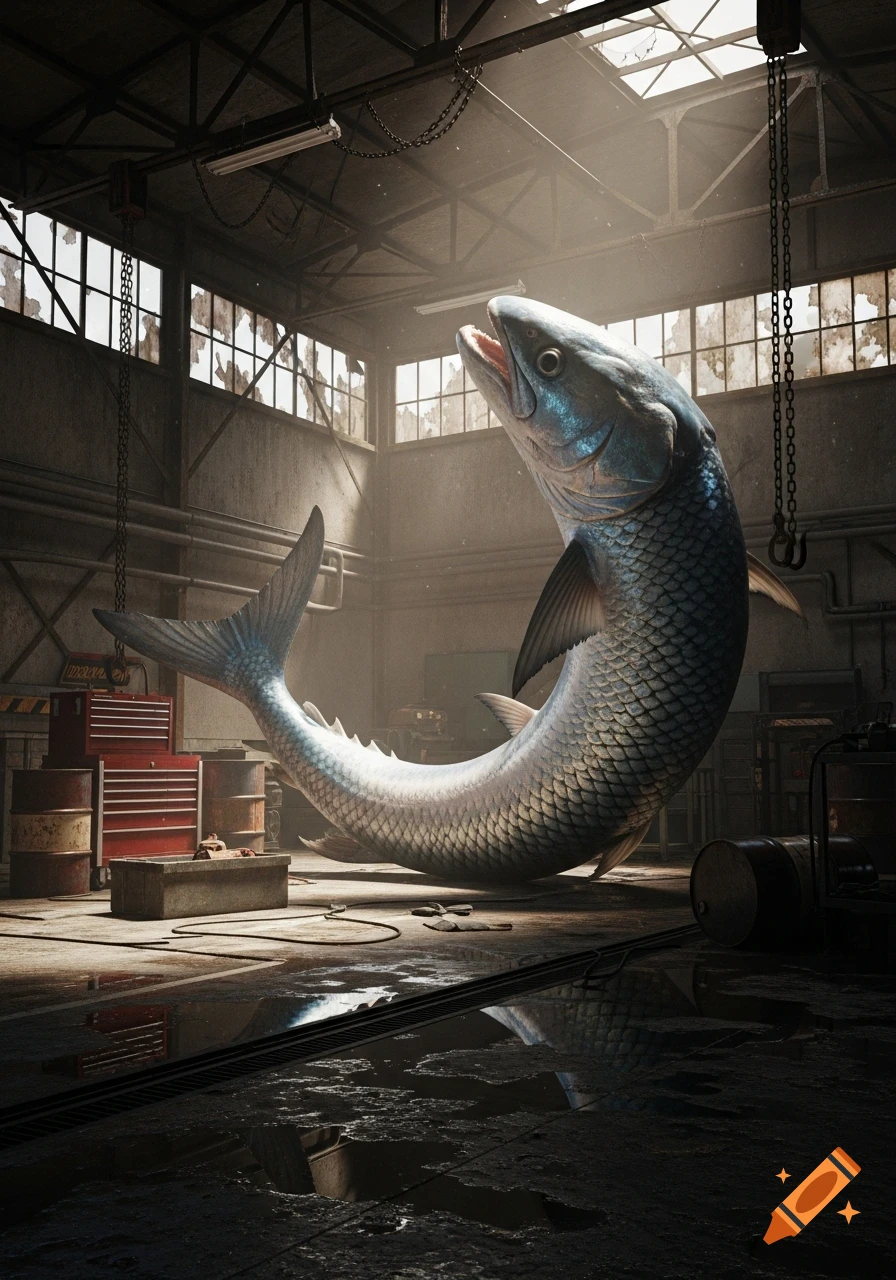 Photorealistic image of a giant fish, curved upwards, in a dilapidated, rusty garage with broken windows and dim lighting.