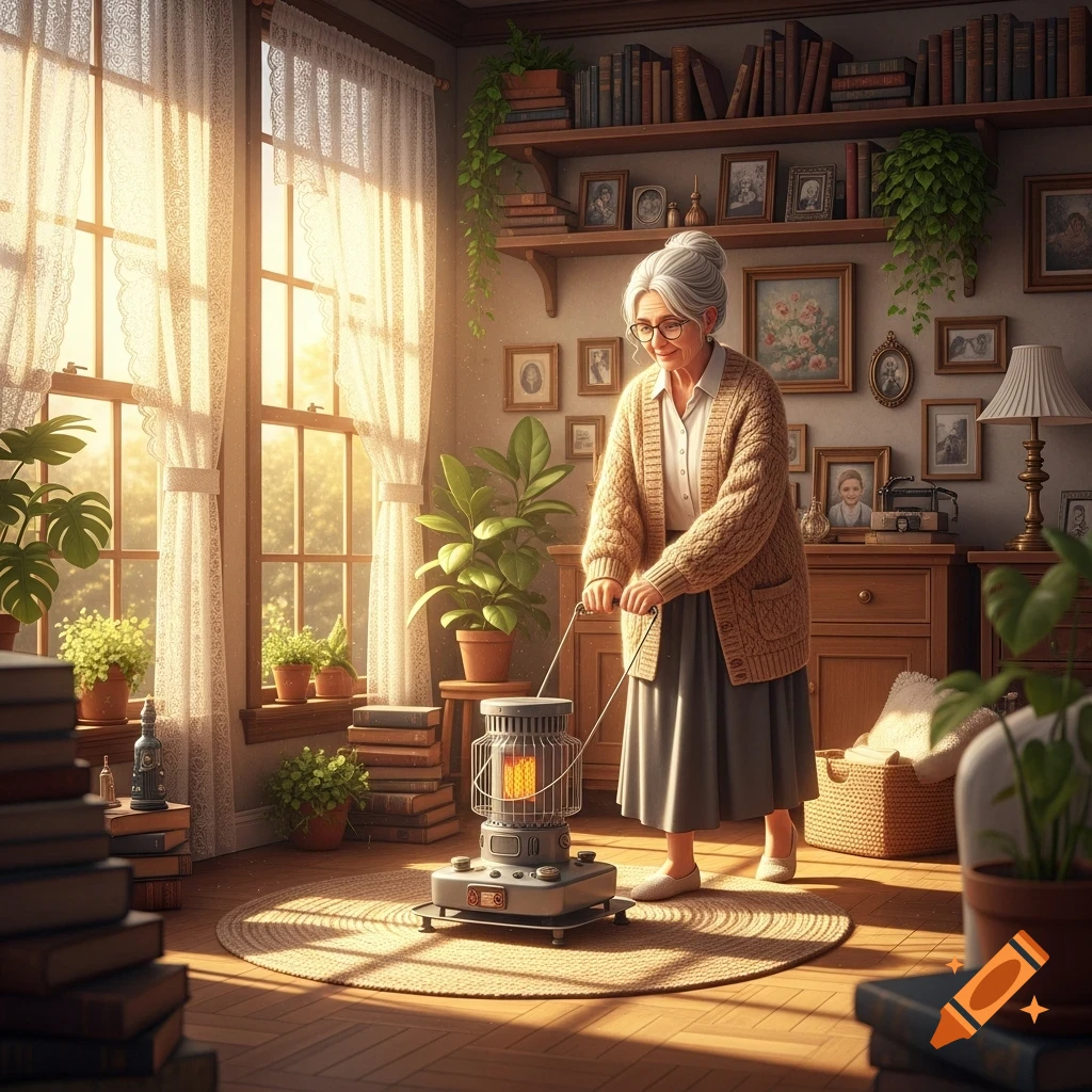 An elderly woman pulls a space heater in a sunlit, cozy room filled with plants and bookshelves.