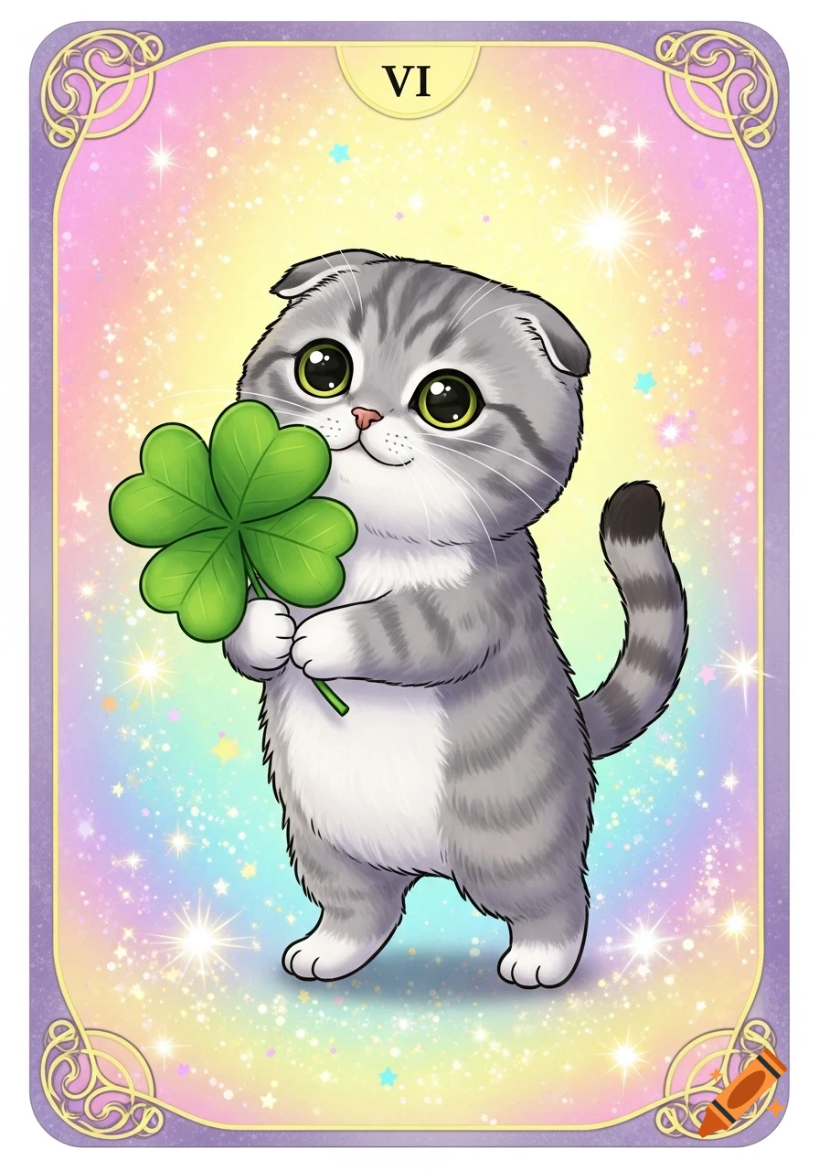 A super cute grey tabby Scottish Fold kitten happily smiling, holding a large four-leaf clover, on a magical pastel tarot card background.