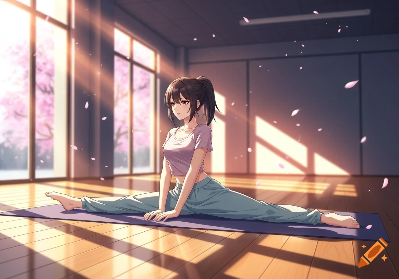 An anime woman with a brunette ponytail in yoga wear does a full split on a mat in a sunlit room with cherry blossoms visible outside.