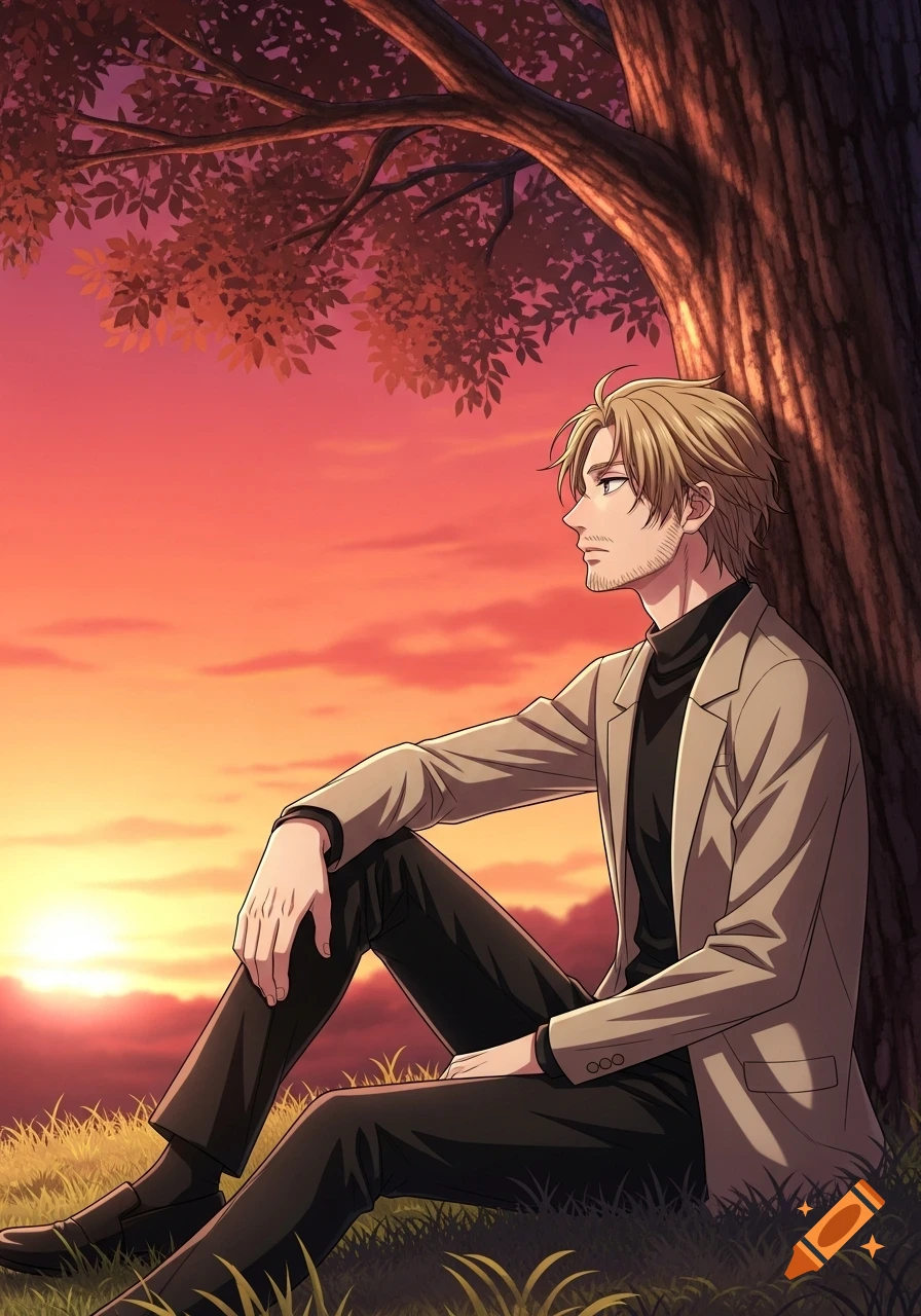 Anime illustration of a blonde, bearded man in a beige jacket and black turtleneck sitting under a tree at sunset.