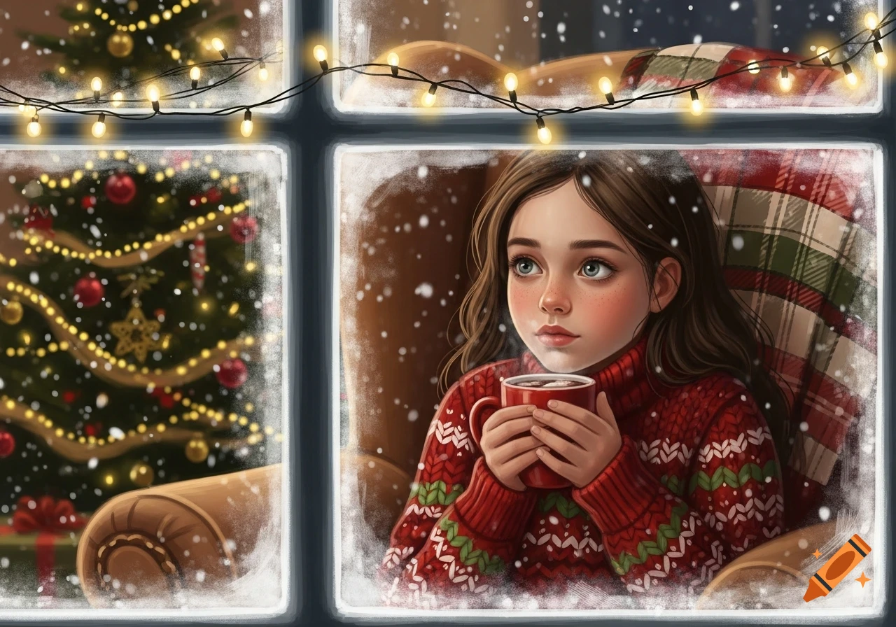Digital painting of a young girl in a red patterned sweater holding a mug, looking out a snowy window at a Christmas tree.