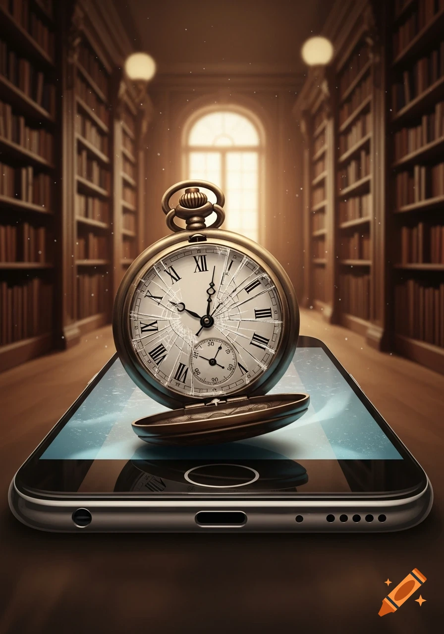 A broken pocket watch rests on a smartphone, set in a dimly lit library with tall bookshelves.