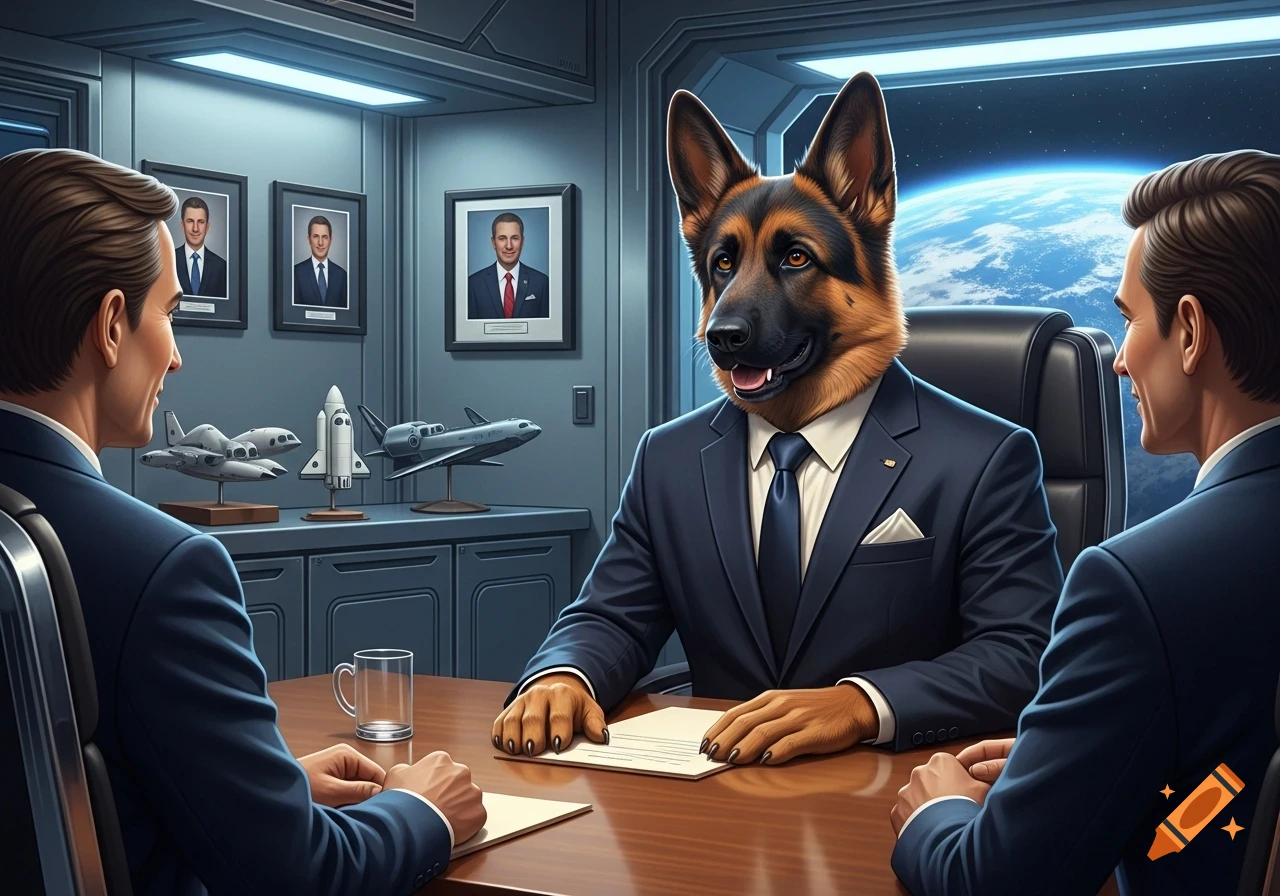 A humanoid German Shepherd in a suit interviews for an astronaut position with two men in a futuristic office overlooking Earth.