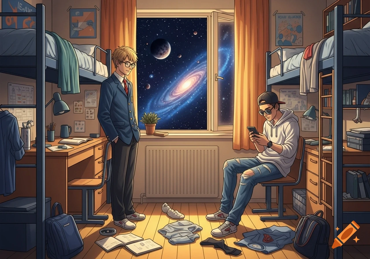 An anime illustration of two boys in a dorm room, one standing and one sitting, with a window showing a galaxy and planets.